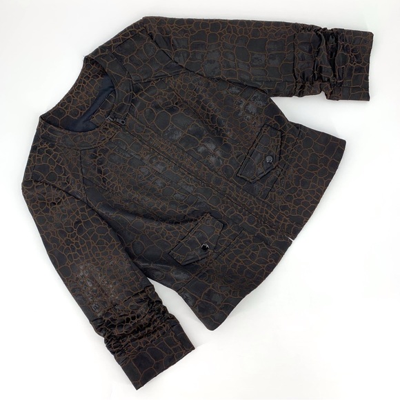 anthracite Brown Scale Print Zipper Closure 3/4 Ruched Sleeve Blazer, 10 - Picture 9 of 16